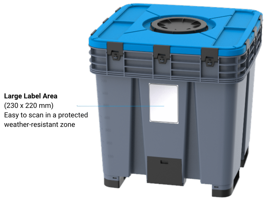 R-IBC MT-1000 reusable container showing standard label area for PPWR-compliant traceability and identification